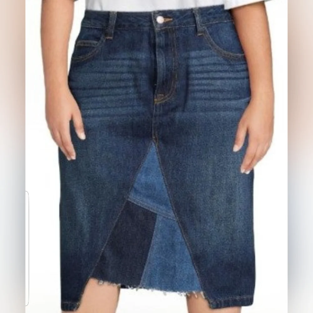 Patchwork Tri Denim Medium Wash Midi Skirt - Picture 2 of 7